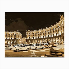 The lively Piazza della Repubblica in Rome at night. The image depicts a bustling city square at night, illuminated by warm streetlights. Two grand buildings, one curved and the other rectangular, flank the square, their facades adorned with intricate details and windows. The buildings are bathed in a soft, golden glow, creating a warm and inviting atmosphere. Canvas Print