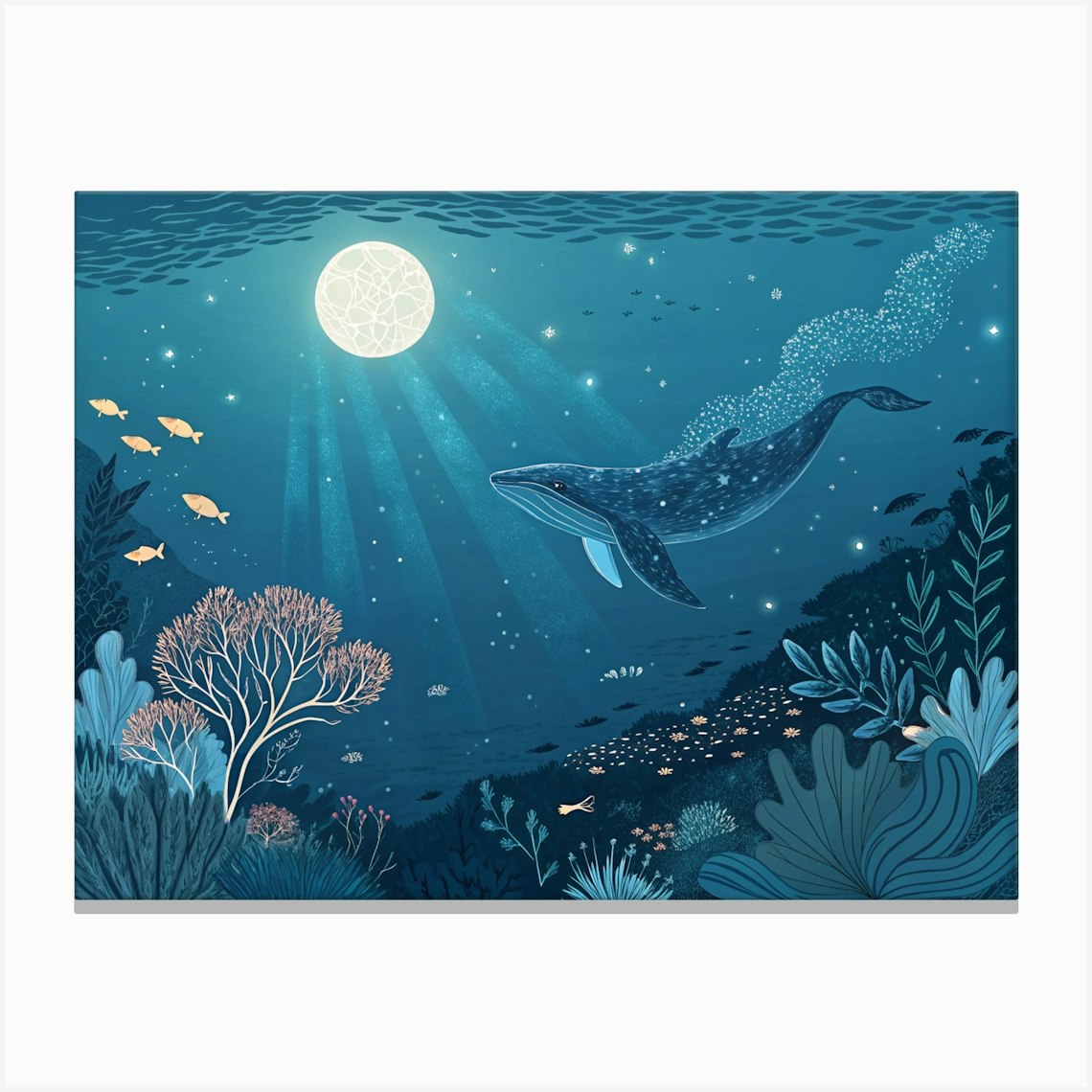 Mystical Underwater Scene With Whale In Shimmering Water, With Corals, Seaweed, And A Full Moon Above, Illustration Canvas Print by SmetArt