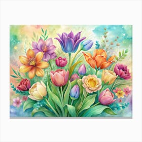 Watercolor Painting Of A Colorful Bouquet Of Tulips Canvas Print