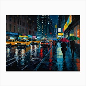 Rainy Night NYC Wall Art, Colorful Street Scene Canvas, Yellow Taxi Urban Decor, City Lights Reflection Print Canvas Print