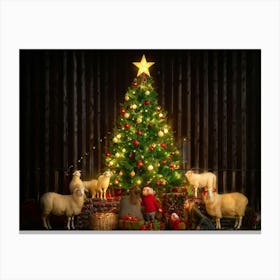 Sheep Family Gathered In Festive Spirit Around A Christmas Tree Soft Candlelight Casting Warm Glows Canvas Print