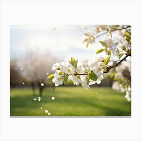 Blooming Pear Tree In Spring Close Up Shot Focusing On Delicate White Blossoms Against A Soft Hued Canvas Print