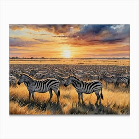 The Golden Plains of Africa's Sou Zebras At Sunset Canvas Print