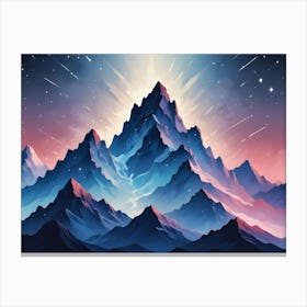 Majestic, Snow Capped Mountains Bathed In Pink And Blue Hues Rise Dramatically Under A Starry Night Sky With Shooting Stars, Creating A Serene And Inspiring Scene Canvas Print