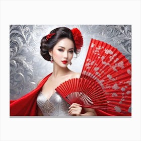 Chinese Woman With Red Fan Canvas Print