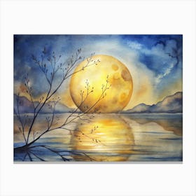 A Golden Moon Reflecting On The Calm Waters With Canvas Print