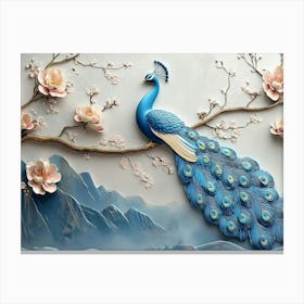 3d Artwork Background Blue Peacock On Branch Canvas Print