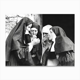 Nuns Smoking, Funny Black and White Old Photo Canvas Print