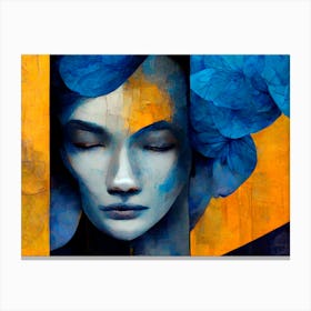 Asian Woman With Blue Flowers Canvas Print