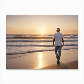 Man Walking On The Beach At Sunset Canvas Print