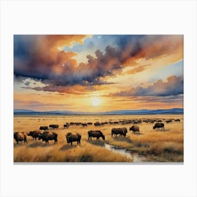 A Tapestry of Life in the Savannah Bison At Sunset Canvas Print