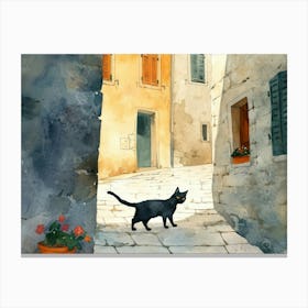 Sibenik, Croatia   Cat In Street Art Watercolour Painting 3 Canvas Print