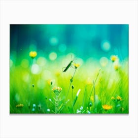 A Lush Grasshopper Leaps Across A Vibrant Oversaturated Meadow The Intense Green Hues Softened By (6) Canvas Print