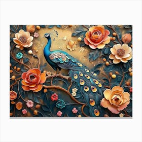 Peacock With Flowers Canvas Print