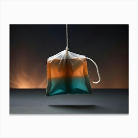 A Tea Bag Hanging From A String With A Wooden Bead, Against A Background Of A Blurred Sunset Over A Landscape Canvas Print