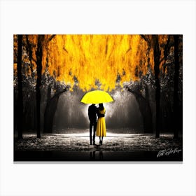Yellow Umbrella Couple - Two Walking In Golden Autumn Canvas Print