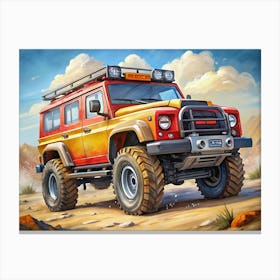 Red And Yellow Off Road Vehicle Driving On A Dirt Road Canvas Print