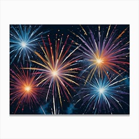 Watercolor Illustration Of Colorful Fireworks Exploding Against A Dark Blue Background Canvas Print