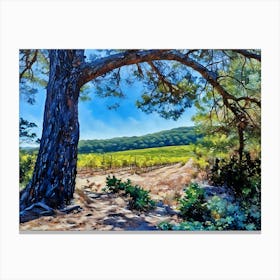 Under the Vineyard Shade. A tranquil scene of a vineyard stretching across sunlit hills, framed by the sprawling branches of a sturdy tree, evoking serenity and natural beauty. Canvas Print