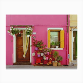 Pink House With Flowers, Burano Canvas Print