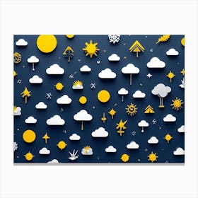 A Blue Background With White Clouds And Yellow Suns In A Repeating Pattern Canvas Print