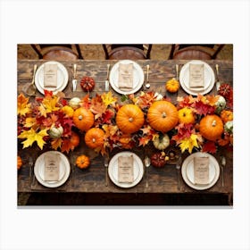 Autumn Themed Table Decoration Scattered Maple Leaves In Warm Shades Intermixed With Small Pumpkin (6) Canvas Print