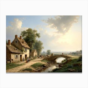 A Village Scene With A Bridge 1855 Canvas Print