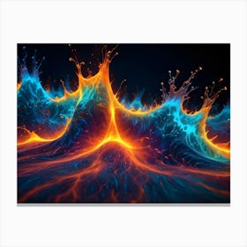 An Abstract Image Of A Fiery, Swirling Landscape With Blue And Orange Colors, Resembling A Cosmic Nebula Or A Liquid Explosion Canvas Print