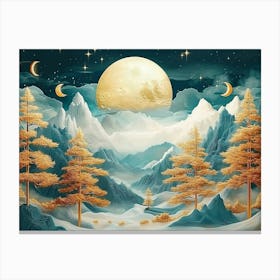 3d Art Landscape Moon, Golden Christmas Trees, Colorful Mountains 1 Canvas Print