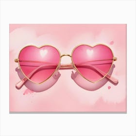 Pink Heart Shaped Sunglasses On A Pink Background With A Watercolor Effect Canvas Print