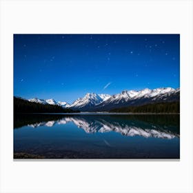 Tranquil Lake Foreground Mirrored Reflections Backdropped By Towering Snow Capped Mountains Under A Canvas Print