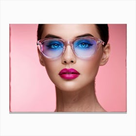 Model With Striking Blue Eyes Adorned With Trendy Pink Glasses Natural Pink Lips Stand Out Against Canvas Print