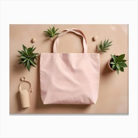 A Pink Tote Bag With Green Plants And A Brown Paper Tube On A Beige Background Canvas Print