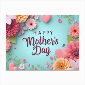 Happy Mother S Day Greeting Card With Paper Flowers And Hearts On A Blue Background Canvas Print