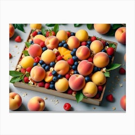 A Wooden Box Filled With Peaches, Blueberries, Raspberries, And Apricots Canvas Print