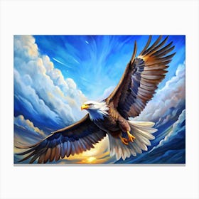 Bald Eagle In Flight With White Clouds And Blue Sky Canvas Print