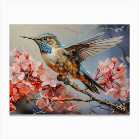 Vibrant Hummingbird and Cherry Blossom Art Canvas Print