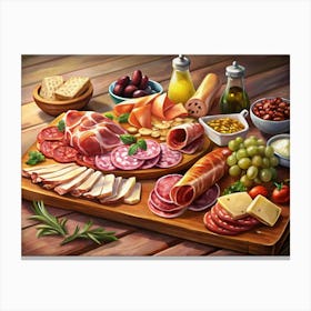 Charcuterie Board With Meats, Cheese, Olives, And Grapes Canvas Print