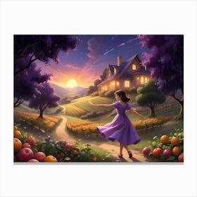 Woman Walking Toward A House On A Hillside With A Book Opening Behind Her 8 Canvas Print