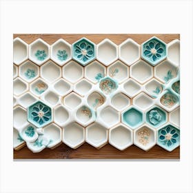 A Detailed Close Up of a White Lattice Tile Artwork on Oak with Turquoise Canvas Print