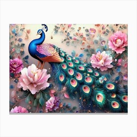 3d Flowers And Peacocks Illustration Background, 3d Abstraction Artwork Canvas Print