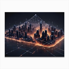 A 3d Rendering Of A Futuristic Cityscape Encased In A Glowing, Orange And Blue Network Of Lines, Representing Connectivity And Technology Canvas Print