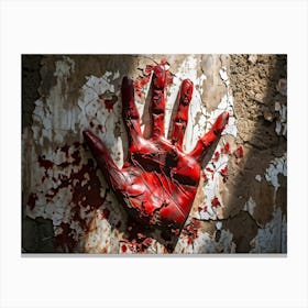 Creepy Textured Bloody Handprint Smudged On An Old Worn Wall Contrasting Against The Peeling Pale (3) Canvas Print