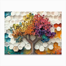 Colorful 3d Artwork With A Whimsical Tree On Oak, White Lattice, And Vibrant Hexagonal Patterns Canvas Print