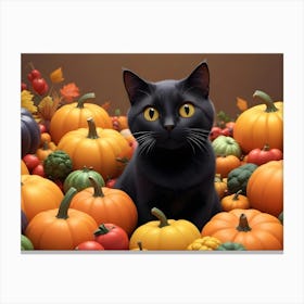 Black Cat Sitting In A Pile Of Pumpkins With A Rustic Background Canvas Print