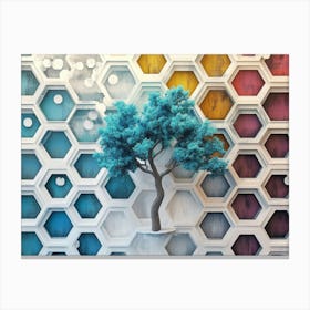 Oak And White Lattice Turquoise Tree Amid Colorful Dynamic Hexagons Canvas Print