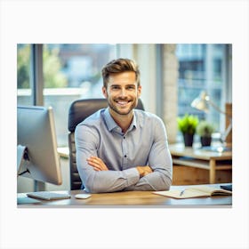 Smiling Businessman Sitting At His Desk Canvas Print