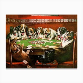 "Dogs Playing Poker" ~ Famous Antique Painting by Cassius Marcellus Coolidge c1903 ~ Remastered HD Funny Made for Brown and Binglow Cigars 1 Canvas Print