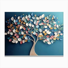 Colorful Tree Of Life With Leaves On Hanging Branches Of Blue, White And Golden Canvas Print