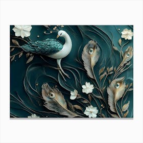 3d Modern Painting with Peacock. White, Dark Green and Golden Flowers with Feathers Canvas Print